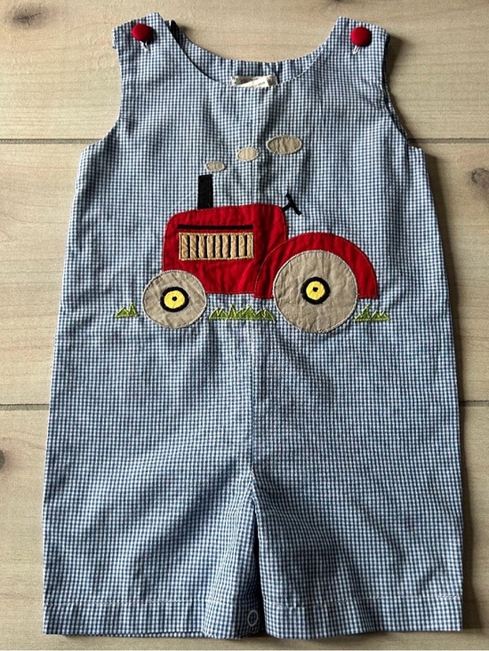 Royal Kidz Other - Royal Kidz Gingham Tractor Applique Short Romper